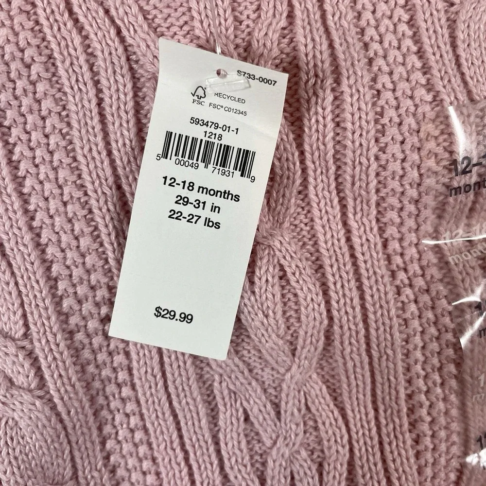 NWT Baby Gap Cable-Knit Sweater Pink Size 12-18‎ Months 100% Cotton